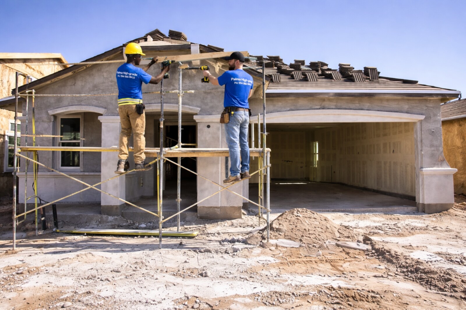 Exterior facade work and scaffold setup on a residential project